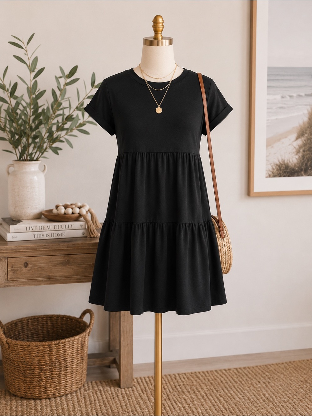 See You Monday Black Babydoll Mini Dress L Tiered Travel Everyday Athleisure - Picture 3 of 8